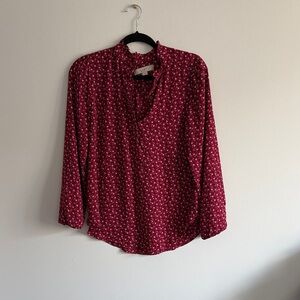 LOFT Burgundy Floral V-Neck Long-Sleeve Blouse